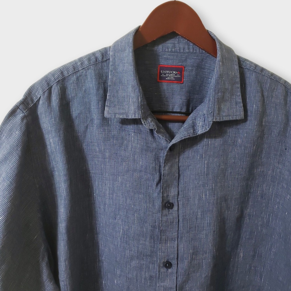 UNTUCKit Canon Linen Shirt Blue Stripe Short Sleeve Relaxed Fit Mens XXL - Picture 2 of 10